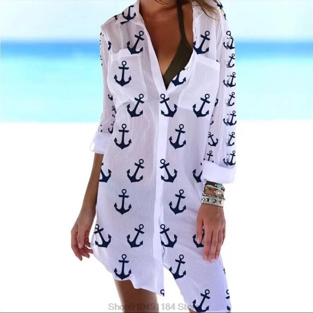 Nautical Button Down  Blouse Top Shirt Ocean Vacation Beach NWT